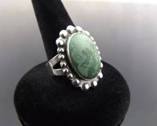 .925 Sterling Silver Green Turquoise Cabochon Ring Size 7
