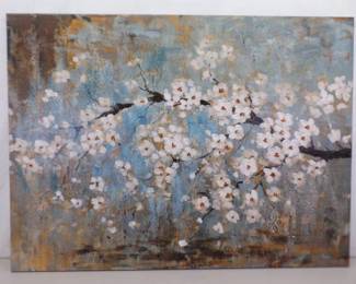 Large 45.5" W x 34" H Cherry Blossom Tree Oil on Canvas Painting 
