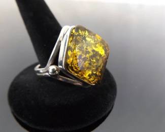.925 Sterling Silver Amber Ring Size 11
