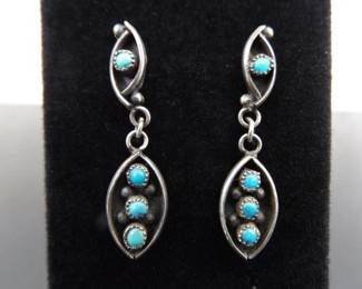 .925 Sterling Silver Turquoise Cabochon Zuni Dangle Post Earrings
