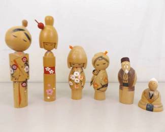 Lot of 6 Vintage Wood Carved Japanese Kokeshi Dolls
