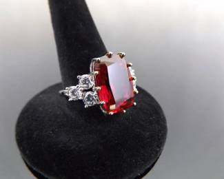.925 Sterling Silver Ruby Crystal Ring Size 7
