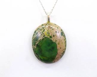 .925 Sterling Silver Green Jasper Pendant Necklace
