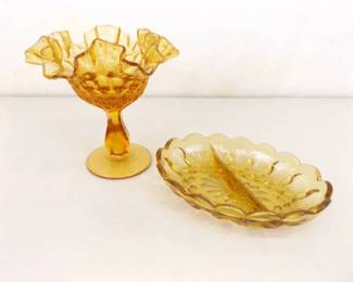 Fenton Thumbprint Amber Ruffled Compote and Divided Candy Dish
