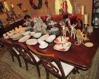 Lard inlaid dining table with 8 chairs