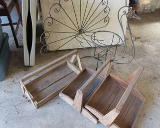 Antique strawberry flats & iron peacock planter