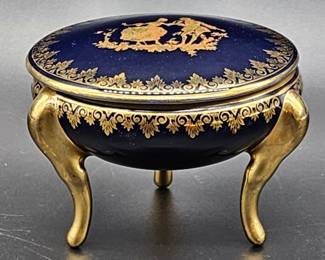 Limoges Blue Porcelain w/ Gold Footed Trinket Box