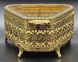 Vtg. Gilt Brass Filigree & Glass Trinket Dish, 1/2