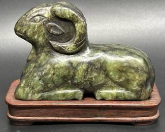 Recombent Ram Jade Sculpture on Wooden Base