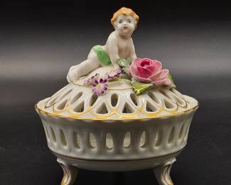 Vtg. Dresden Porcelain Cupid & Rose 3D Trinket Box