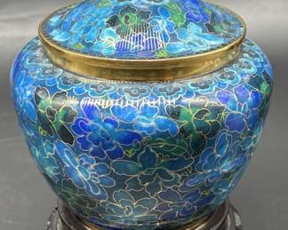 Turquoise & Gilt Cloisonné Ginger Jar on Stand 1/2