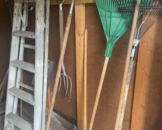 Ladder & Garden Rake, & Shovels