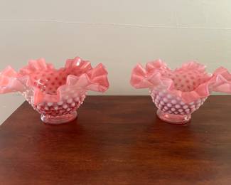 Vintage Fenton Cranberry Hobnail Ruffled Bowls  