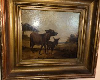 Oil on tin of donkeys