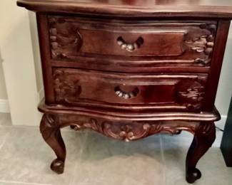 Hand Carved Mahogany Two Drawer Nightstand with Queen Anne Legs