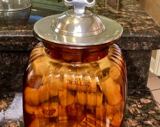 Vintage Amber Glass Canister with Fleur de lis