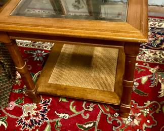 Vintage Mid Century Modern Wood & Cane Square 2 Tier End Table