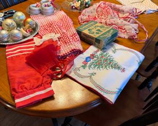 Vintage Christmas ornaments and vintage Christmas aprons 