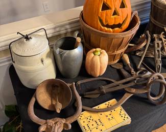 Cast iron cow bell and vintage tools