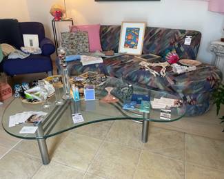 Post Modern Kidney Sofa, Glass Coffee Table