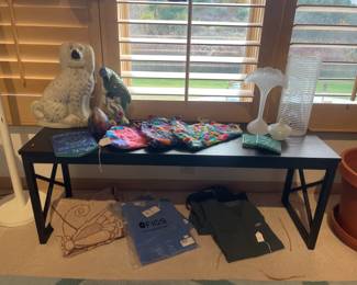 Parrot Figurine , Wooden Side Table, Staffordshire Spaniel Ceramic  