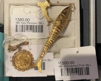 18k Articulated Fish (BL), 18k Italy Pendant (BL) 