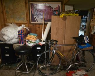 Titanium Classic Litespeed Bike, Vintage Metal Desk, Vintage Barstools, Framed Satellite Image of the contiguous United States in 1976 by General Electric and NASA for National Geographic, Framed 1969 National Geographic Map of Europe Spain Mediterranean Sea Black Sea