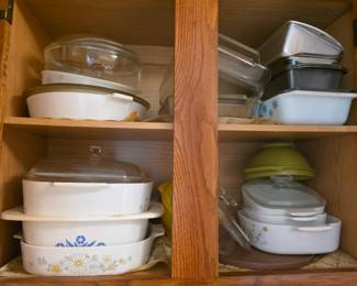 Corningware Blue Cornflower (1958-1988), Floral Bouquet 3rd Edition (1971-1974), Spice o' Life (1972-1988), Pyrex Snowflake (Turquoise on White) (1956-1963)