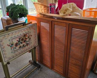 Vintage "Lavada" Folding Cross Stitch Flower TV Trays w/Stand, Shoe Cabinet with accordion doors