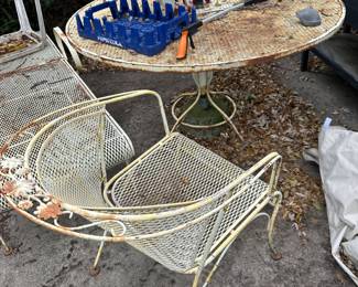 Iron patio table, chairs, umbrella and stand (4 chairs total!)