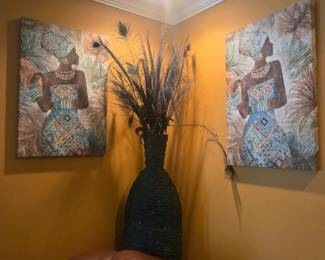 Set of two canvas prints featuring regal women in patterned attire with jewel embellishments. Vibrant and detailed—striking statement pieces. Each approx. 36"H x 24"W.
