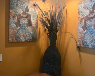 Tall dark woven vase with elegant peacock feathers and dried floral arrangement. Adds height and texture to any corner space. Approx. 48"H.