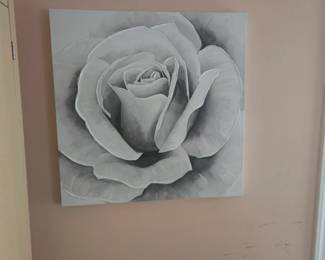 Pair of large grayscale rose canvas prints. Adds a sophisticated, romantic touch to any space. Sold as a set.
Each approx. 24” x 24”