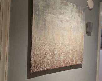 Large neutral-toned abstract painting with textured brushwork in beige, gray, and gold hues. Perfect modern accent piece. Approx. 36” H x 36” W.