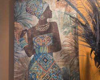 Set of two canvas prints featuring regal women in patterned attire with jewel embellishments. Vibrant and detailed—striking statement pieces. Each approx. 36"H x 24"W.