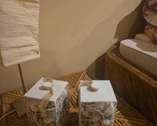 Set of two modern decorative cubes with natural shell and wicker elements. Great for shelf or table display.