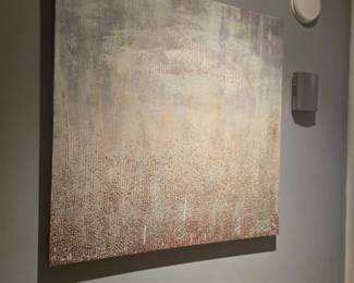 Large neutral-toned abstract painting with textured brushwork in beige, gray, and gold hues. Perfect modern accent piece. Approx. 36” H x 36” W.