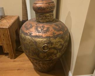 Elegant hand-etched metal floor vase in warm copper and gold tones. Approximately 32” tall. A striking accent for traditional décor.