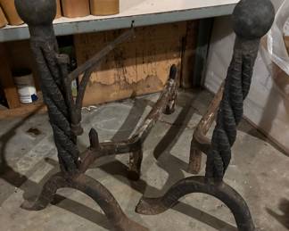 Wrought Iron Andirons - with pot hook