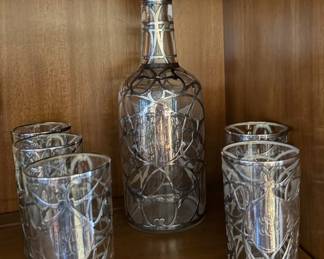 Sterling Silver Overlay Decanter and 5 Glasses