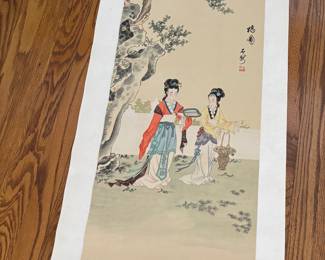 Asian Scroll Watercolor on Paper - Garden Setting 19"x68"