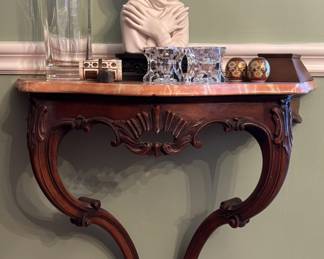 Carved Wall Mount Console Table with Marble Top