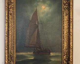 Beautifully Framed Oil of Sailboat in the in the Moonlight