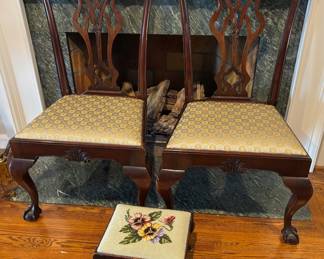 Pair of Chippendale Side Chairs with Needlepoint Foot Stool
