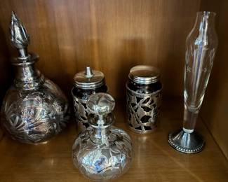 Sterling Silver Overlay Decanter and Serving Pieces
