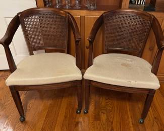 Pair of Cane Back Mid-century Game Chairs with Casters