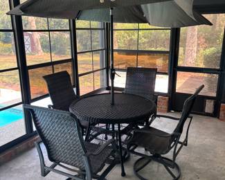 Jeco patio set 4 swivel chairs, table, umbrella and stand. $350.00
Tbl: 44”diameter 29”t
Chr: 24”w 19”d 42”t
