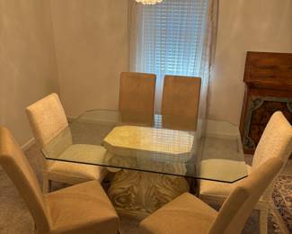 Glass top dinning table plaster base 6 chairs $450.00
Tbl: 60”L 42”w 29”t
(4) Chr w castors: 19”w 20”d 40”t (2)Chr: 19”w 20”d 39”t