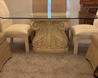 Glass top dinning table plaster base 6 chairs $450.00
Tbl: 60”L 42”w 29”t
(4) Chr w castors: 19”w 20”d 40”t (2)Chr: 19”w 20”d 39”t