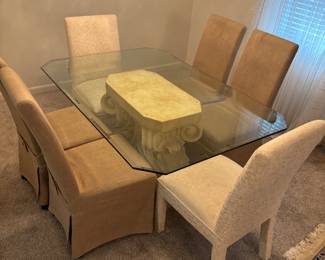 Glass top dinning table plaster base 6 chairs $450.00
Tbl: 60”L 42”w 29”t
(4) Chr w castors: 19”w 20”d 40”t (2)Chr: 19”w 20”d 39”t